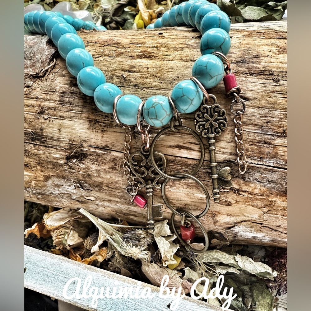 Brass coral gemstone charms turquoise necklace - Picture 2 of 4